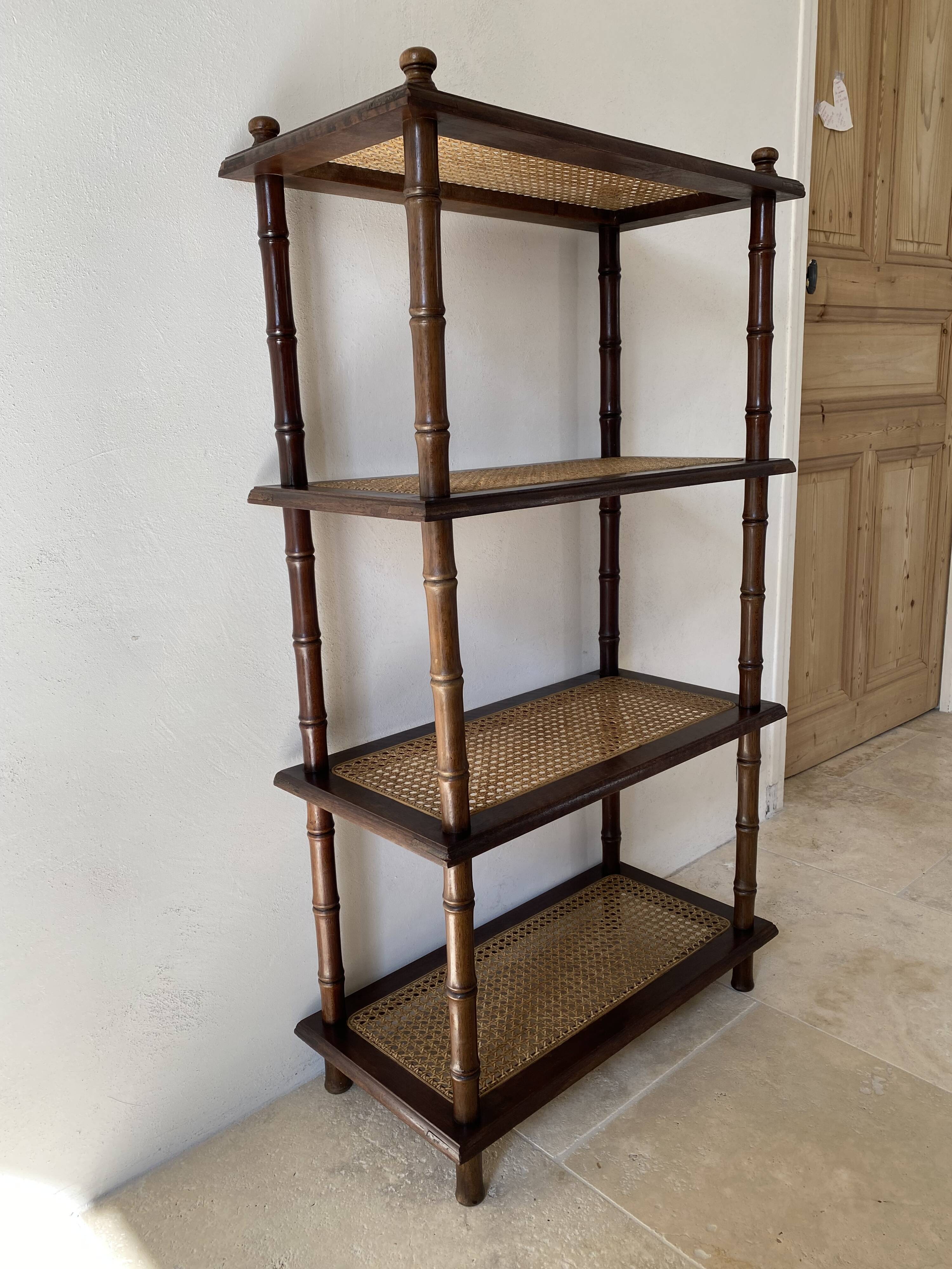 Vintage wooden shelf with cane, colonial style, 4 levels.
