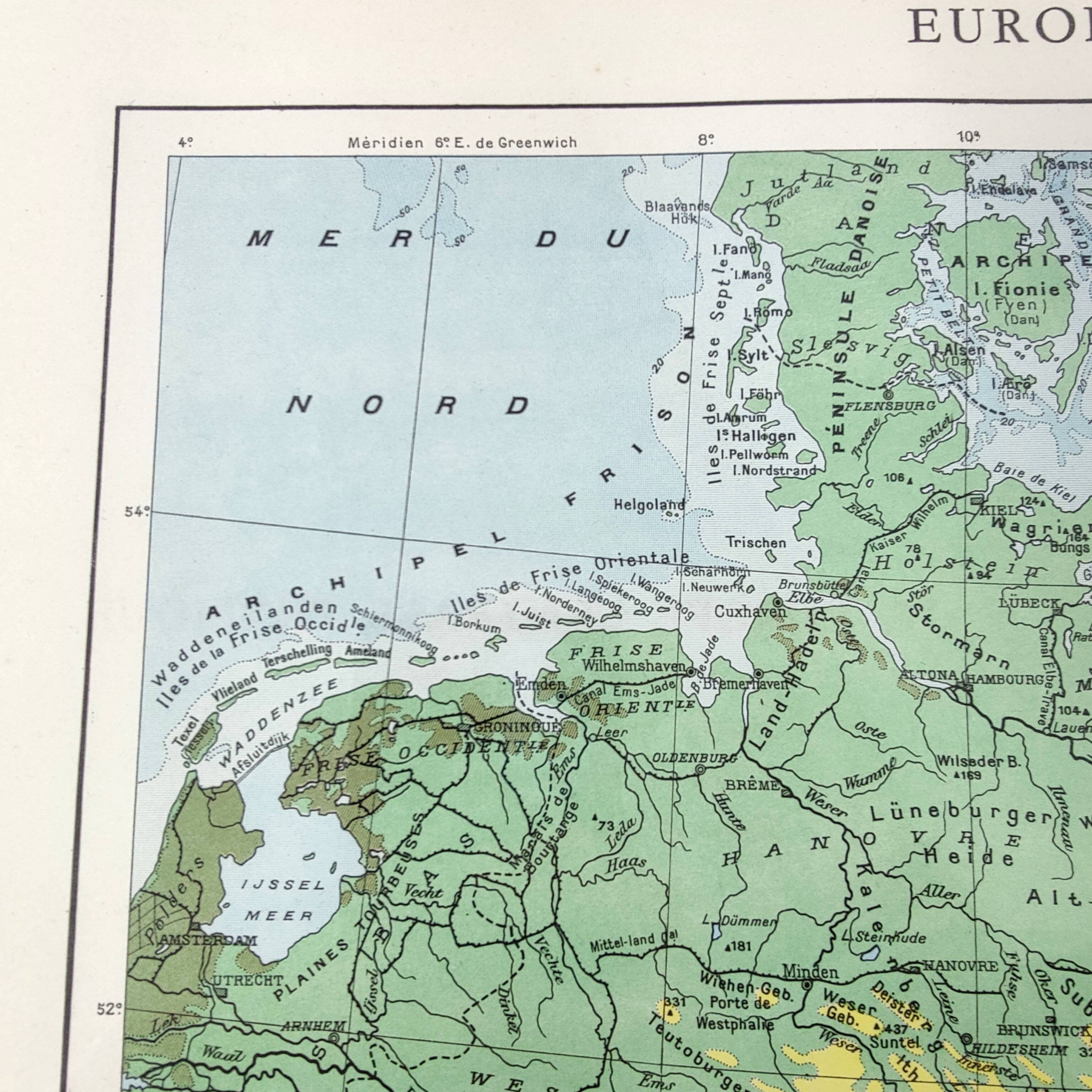 Old map of Northern Europe, Germany, Poland, Denmark, 43x43cm, from 1950