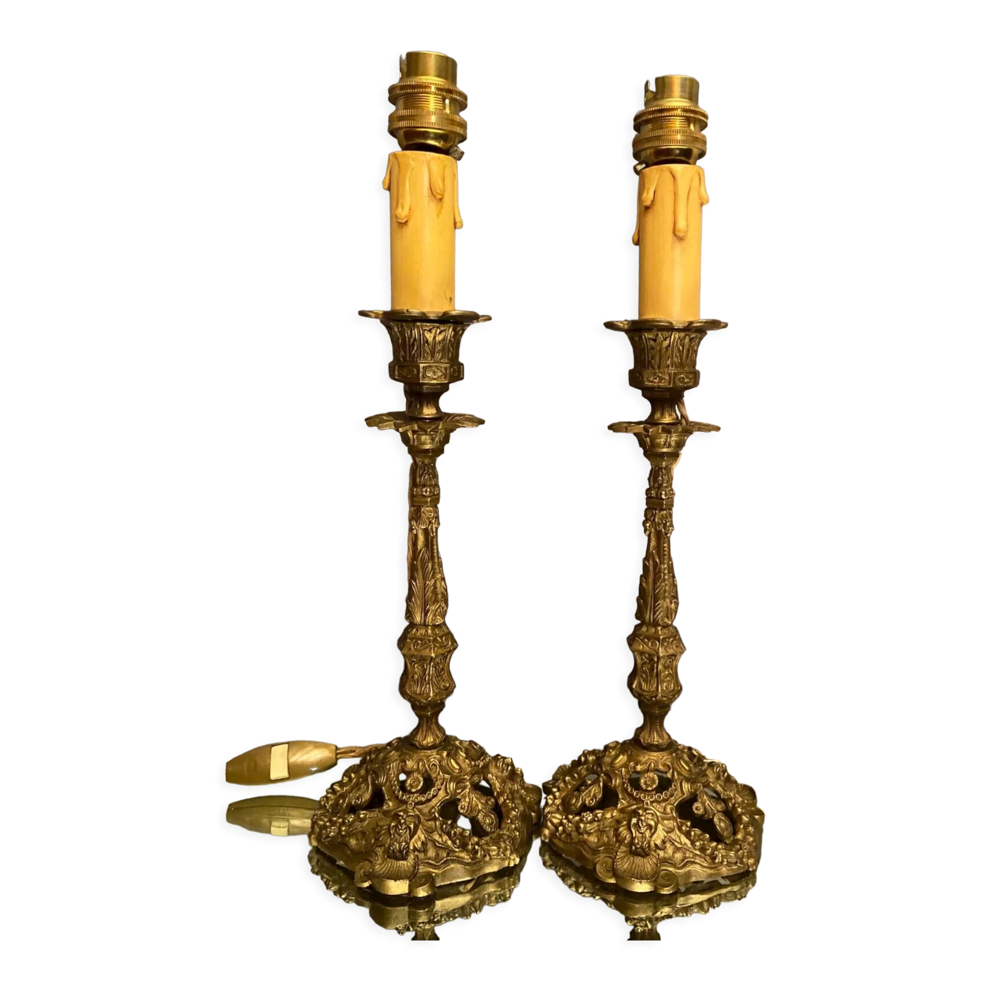 Pair of candlesticks mounted in late nineteenth century bronze lamp base Renaissance style
