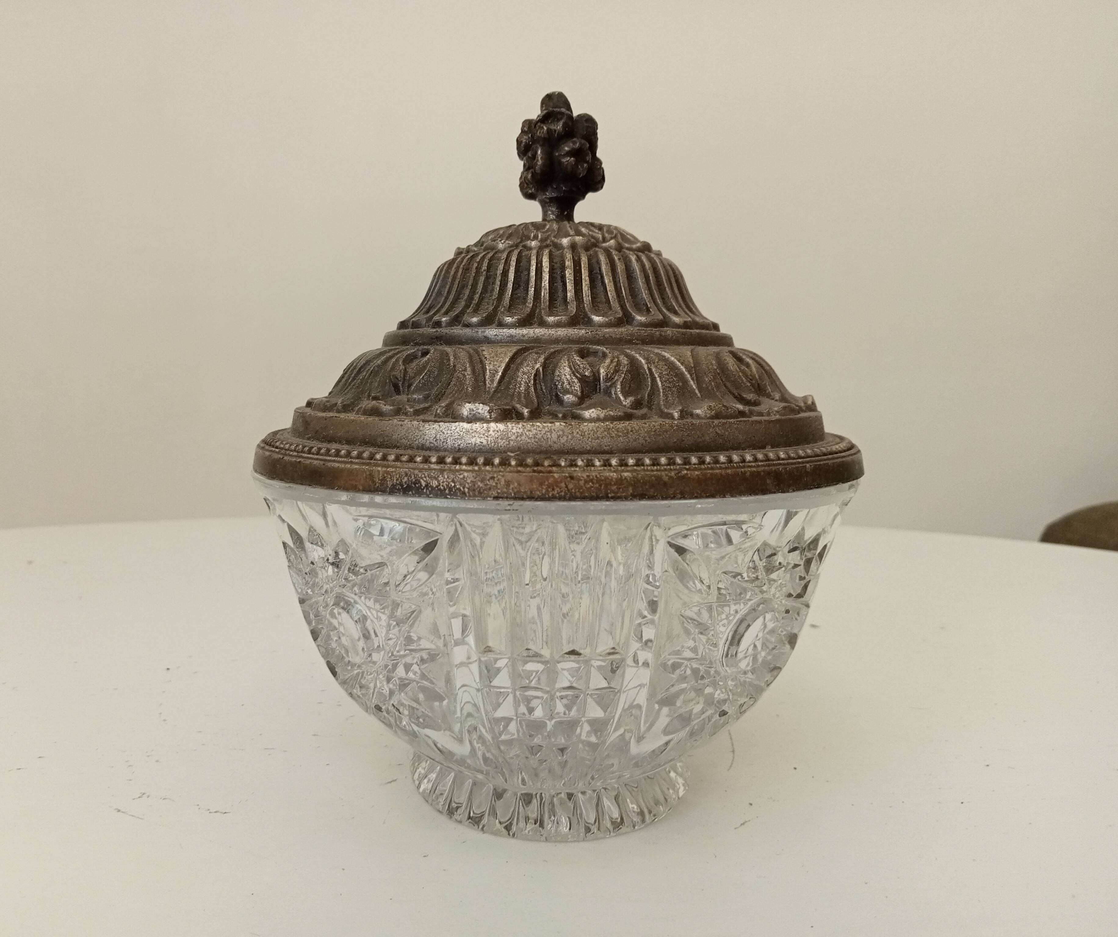 Vintage chiseled glass and tin candy box