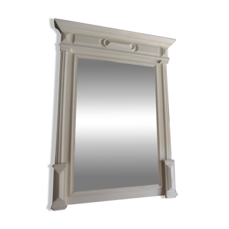 Antique bevelled mirror, frame in pearl grey patinated wood.