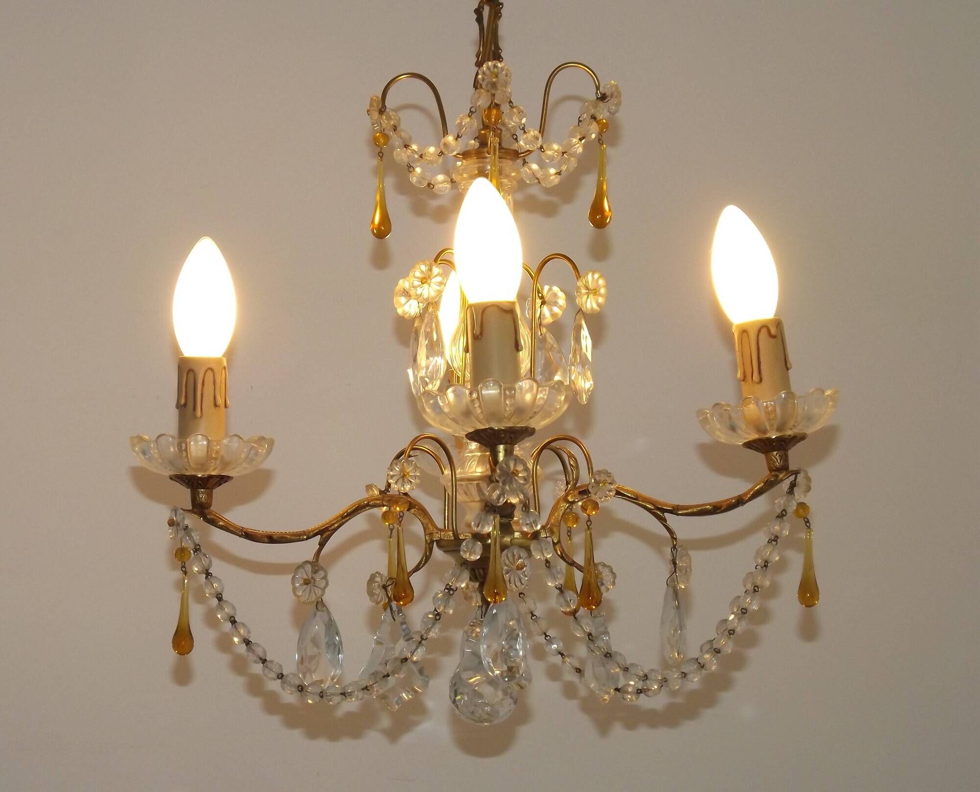 Vintage 4-Light Bronze, Glass & Crystal Chandelier with Amber Glass Drops