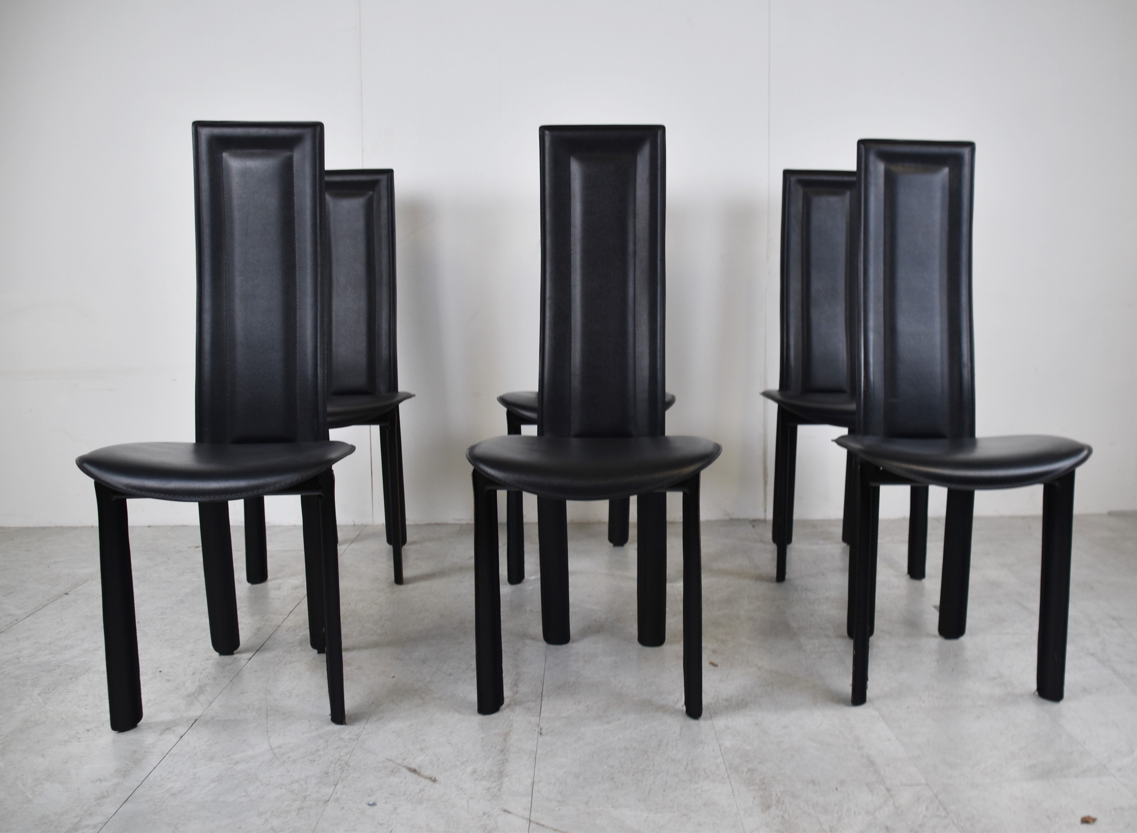 Vintage black leather dining chairs,  1980