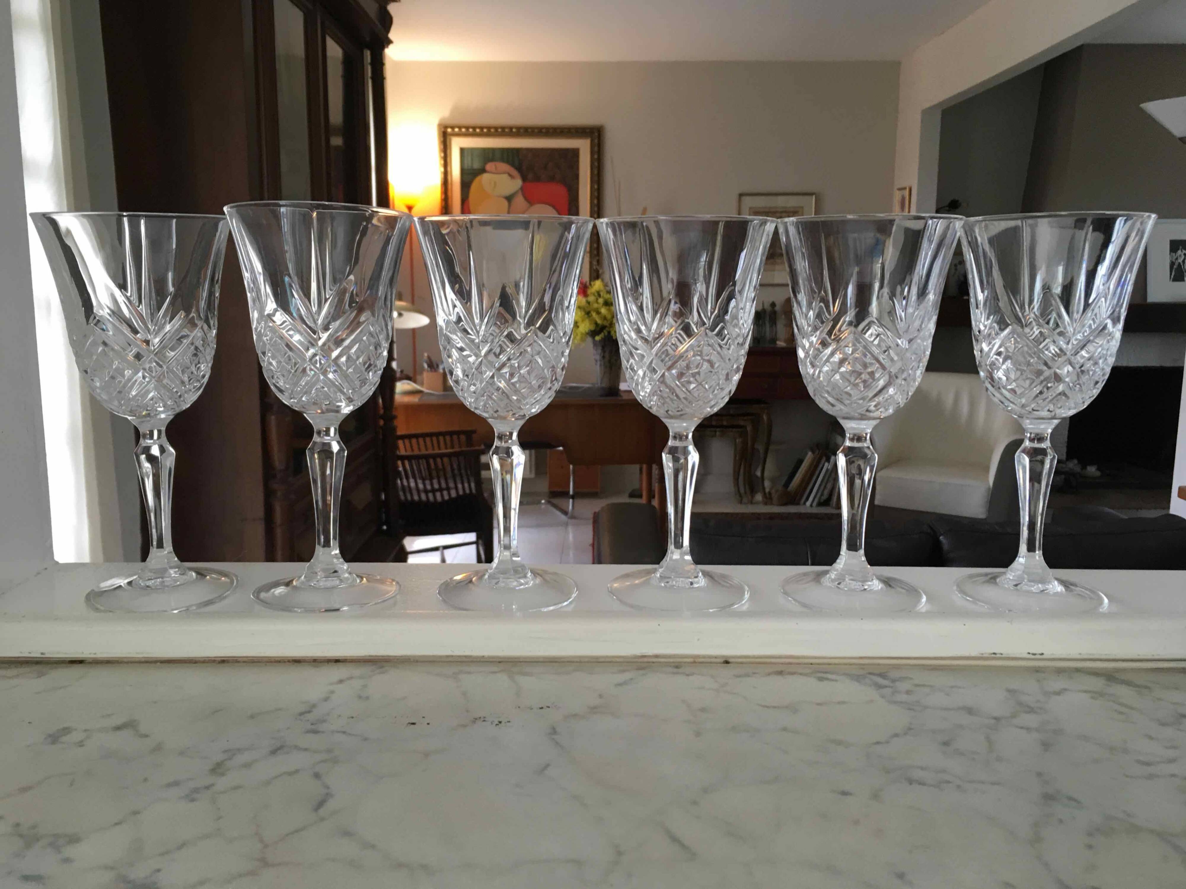 12 large cut crystal wine glasses
