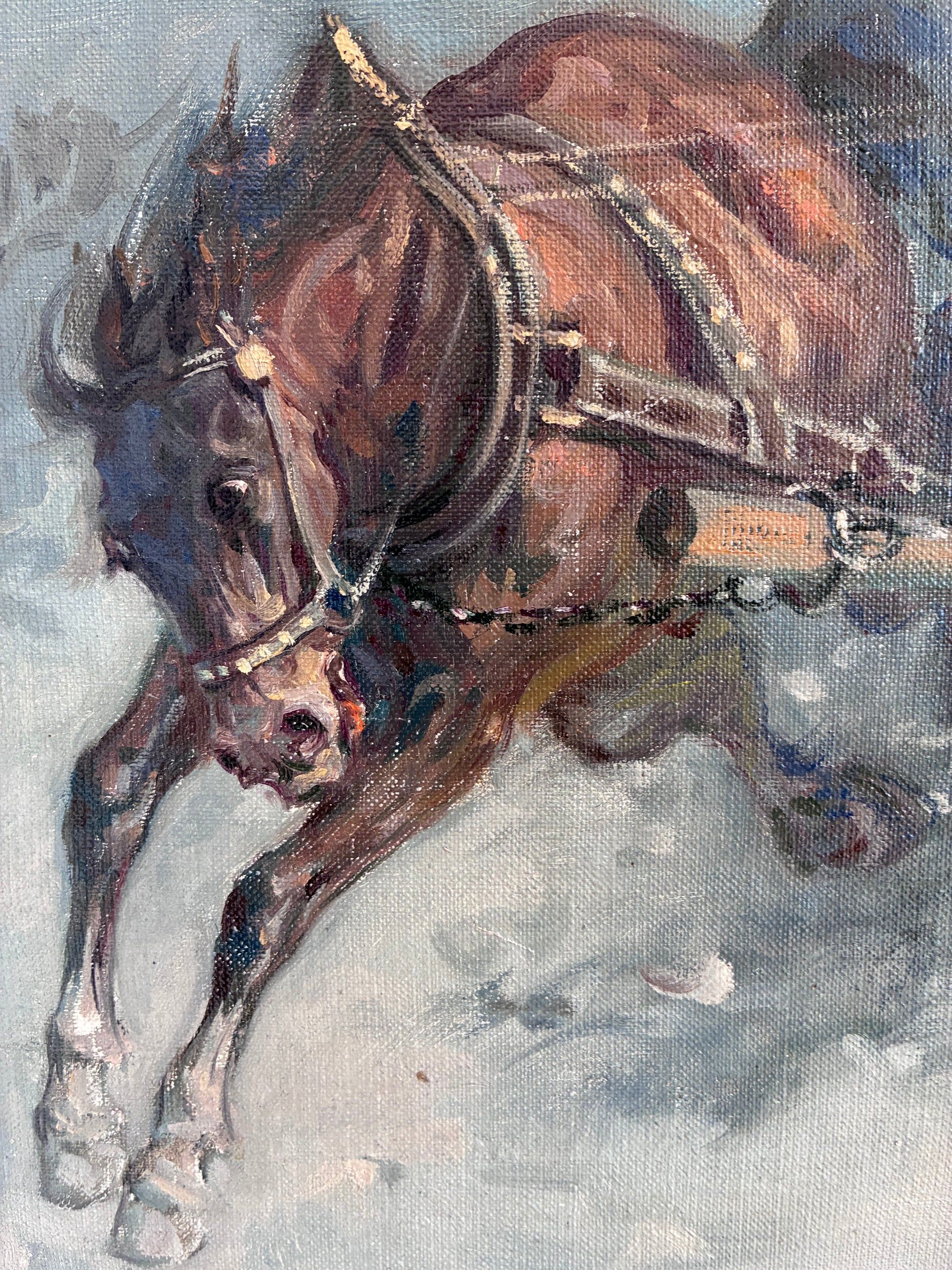 Peinture à l'huile vintage originale de cheval, grande œuvre d'art équestre signée pour mur.