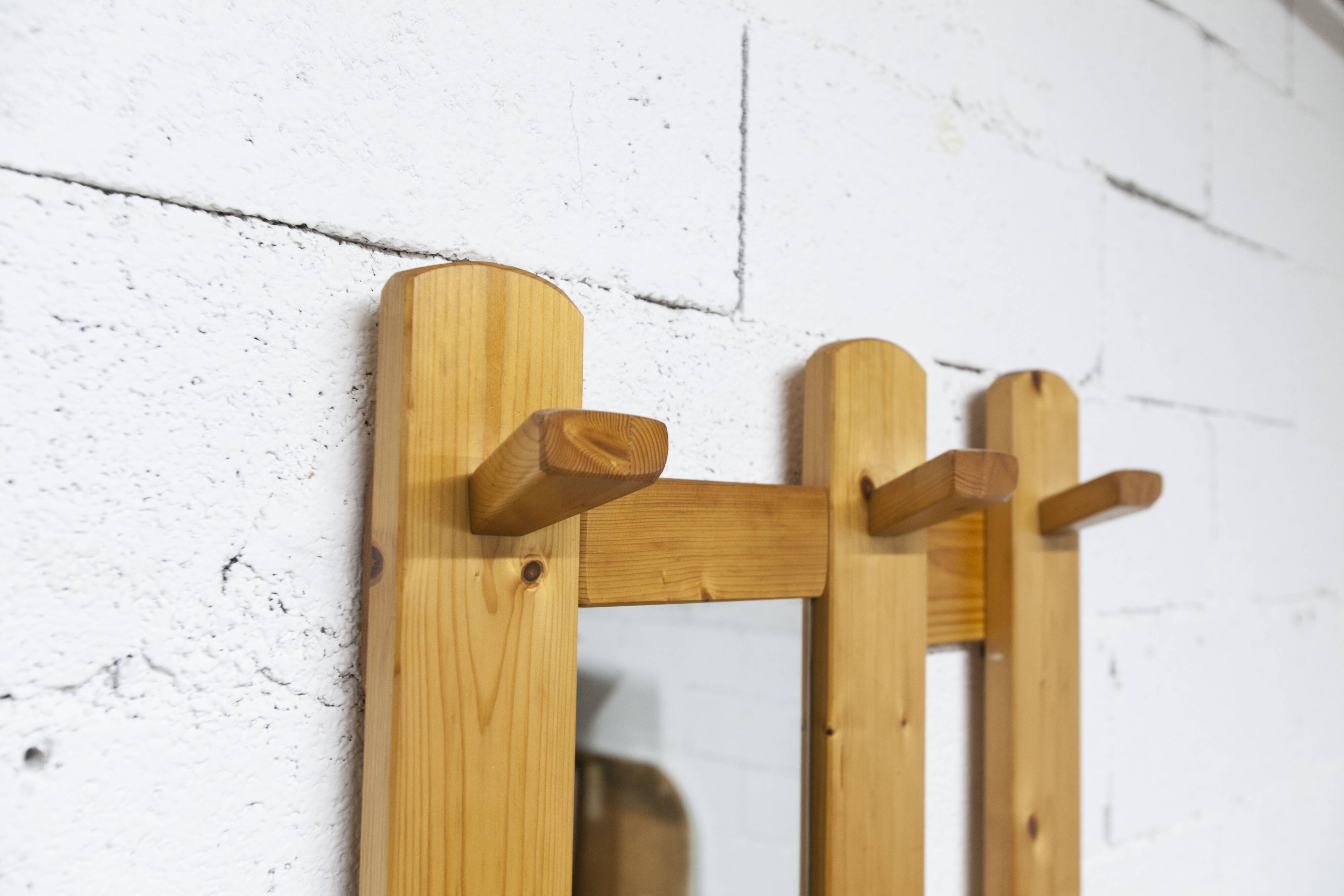Wall-mounted coat rack, mountain style, pine, honey colour, 1970.