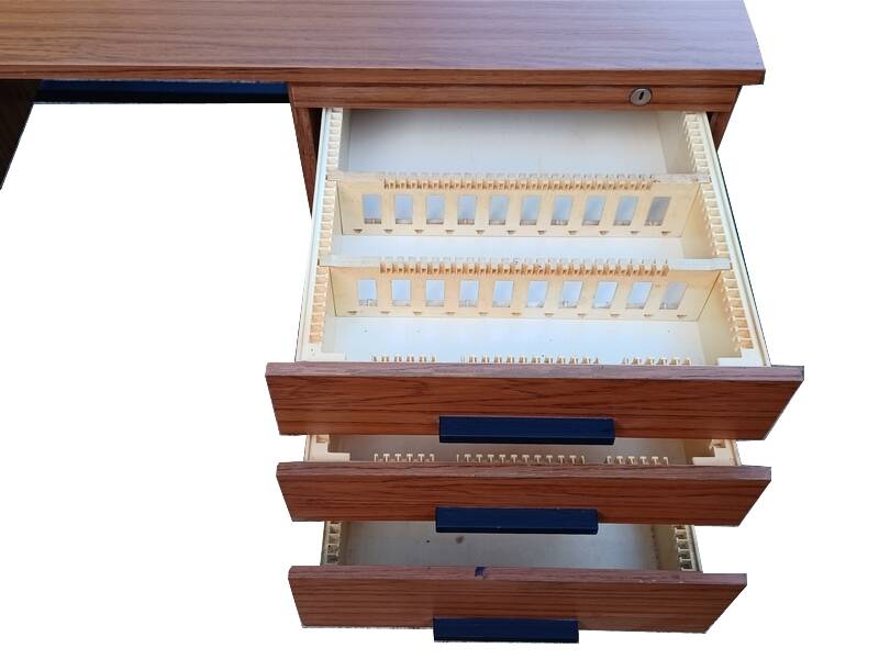 Modernist desk with double drawers in formica and metal, 1960.