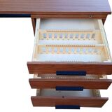 Modernist desk with double drawers in formica and metal, 1960.
