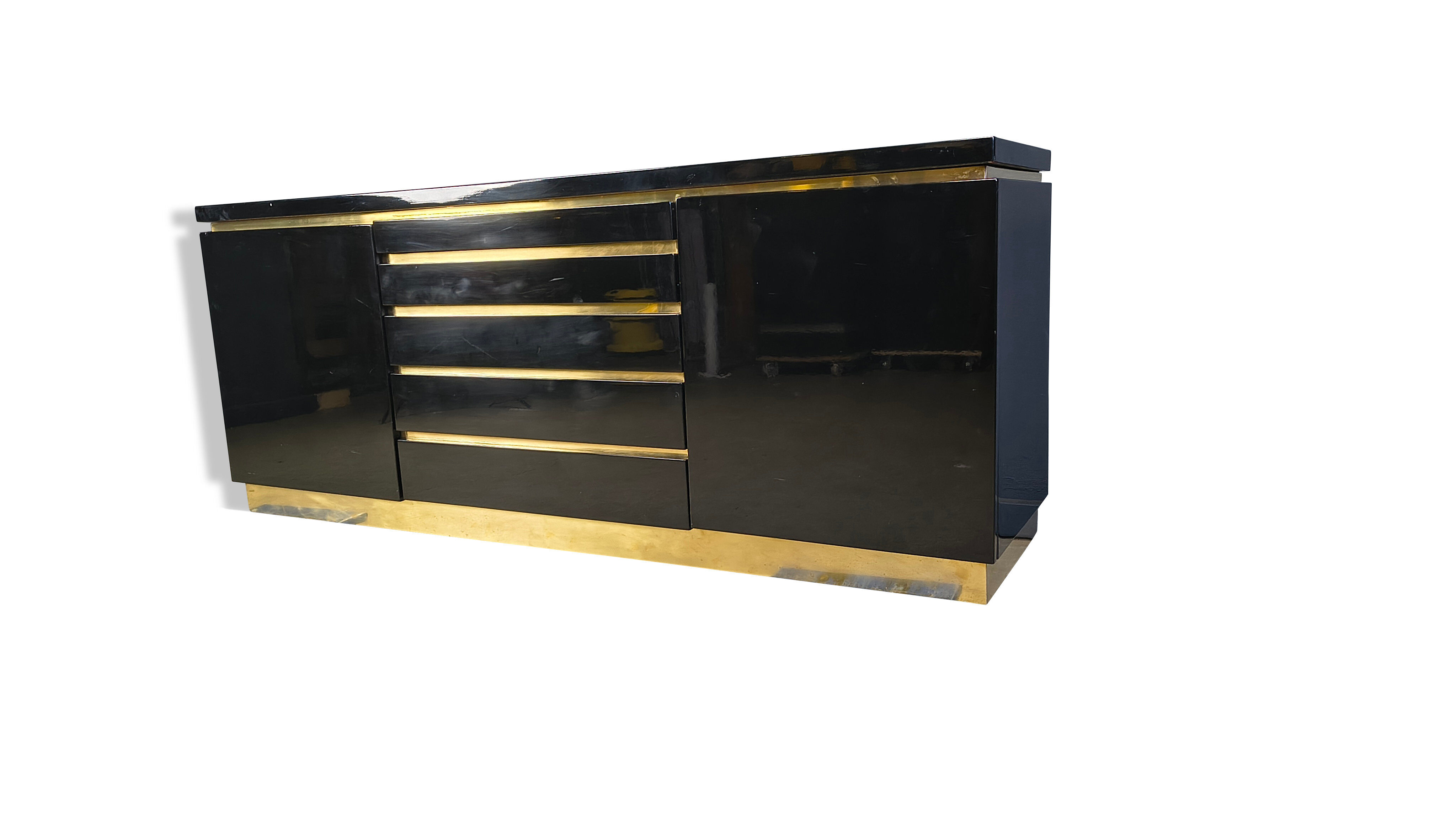 Brass and lacquer sideboard by Jean Claude Mahey, 1970s