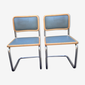 Paire de chaises B32 Cesca skaï bleu par Marcel Breuer vintage 1960