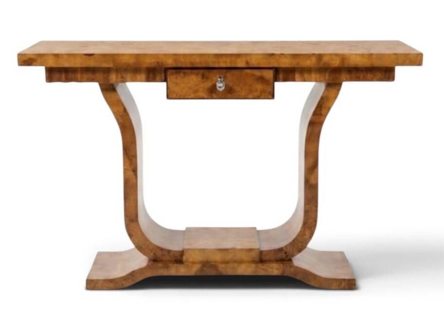 An Art Deco console made of beech wood and elm burl with a drawer.