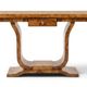 An Art Deco console made of beech wood and elm burl with a drawer.