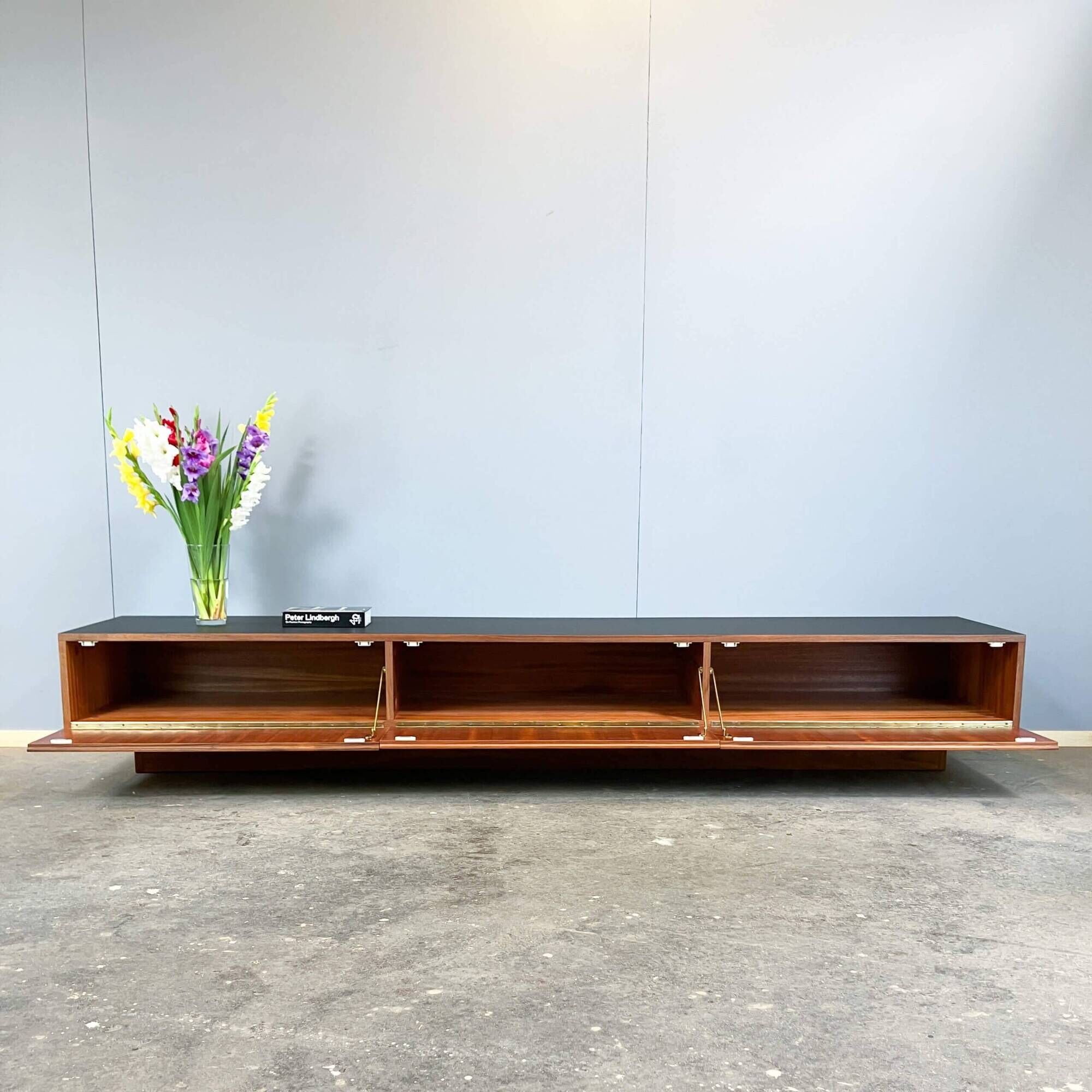 Minimalist XXL lowboard, teak and black top, 1960s