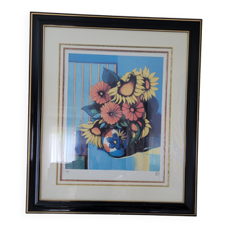 Original signed lithograph by Léon Zanella - Flowers/ Sunflowers - numbered version