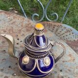 Vase and small teapot in cobalt blue enameled ceramic with artisanal and oriental pewter inserts