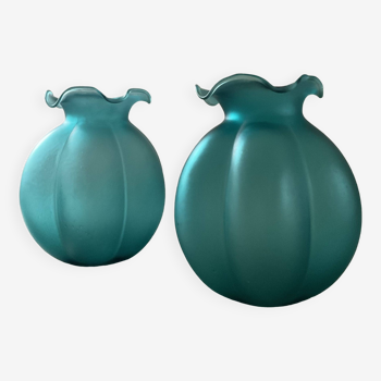 Paire de vases vintage en pâte de verre turquoise