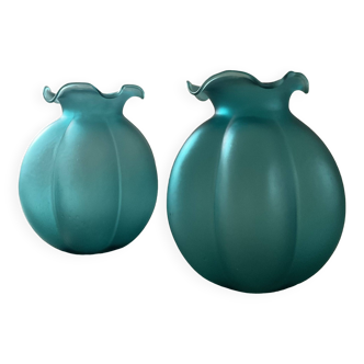 Paire de vases vintage en pâte de verre turquoise