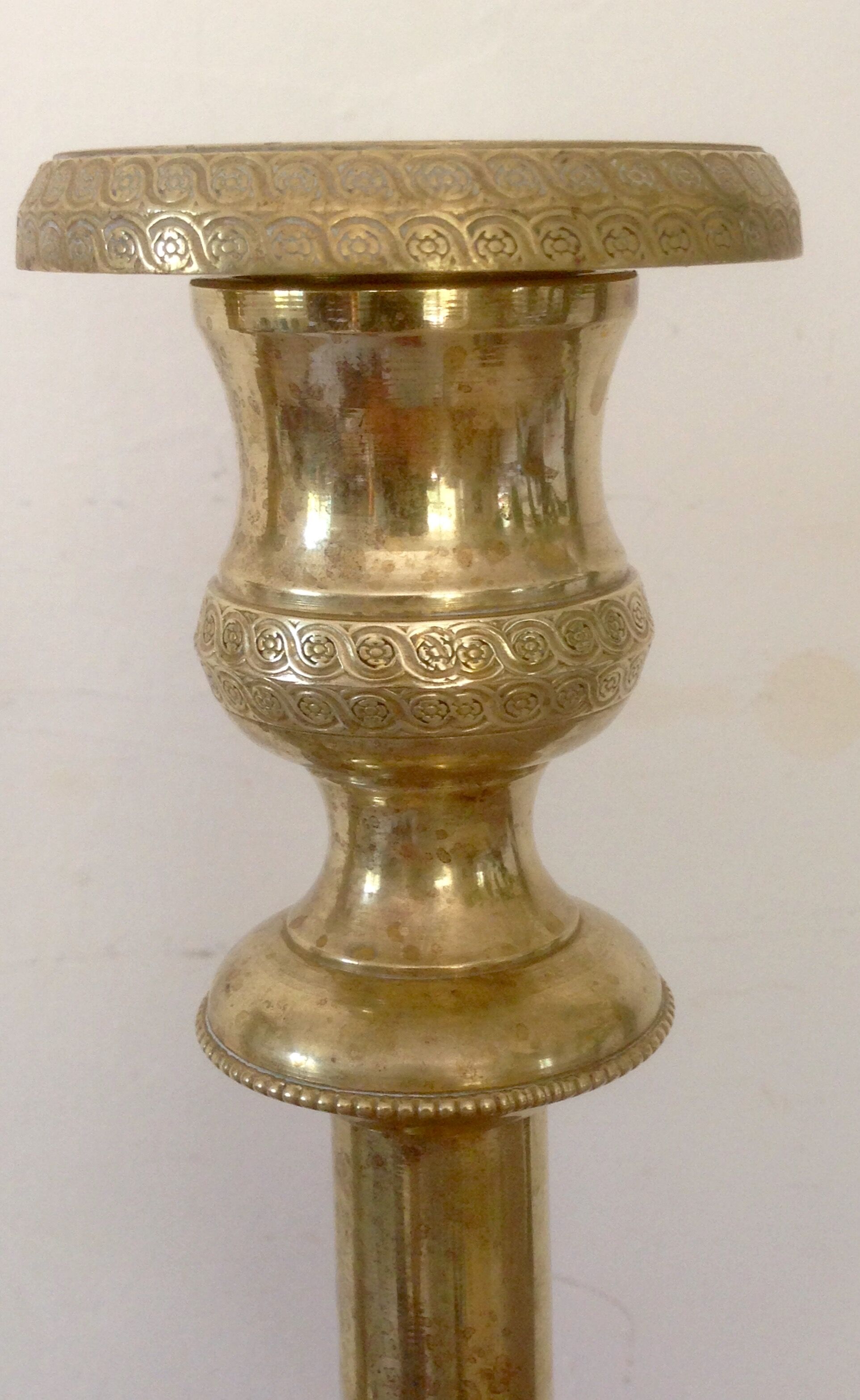 Pair of candlesticks engraved brass
