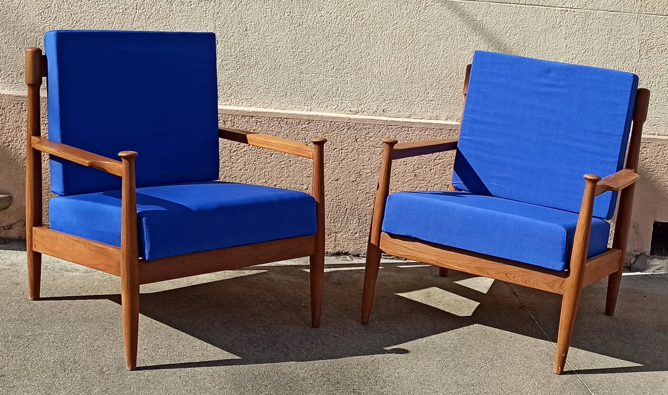 Pair of 1960s Scandinavian armchairs with blue cushions