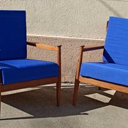 Pair of 1960s Scandinavian armchairs with blue cushions
