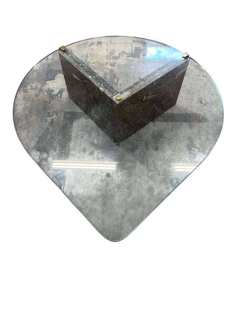 Vintage teardrop-shaped glass coffee table with stone base