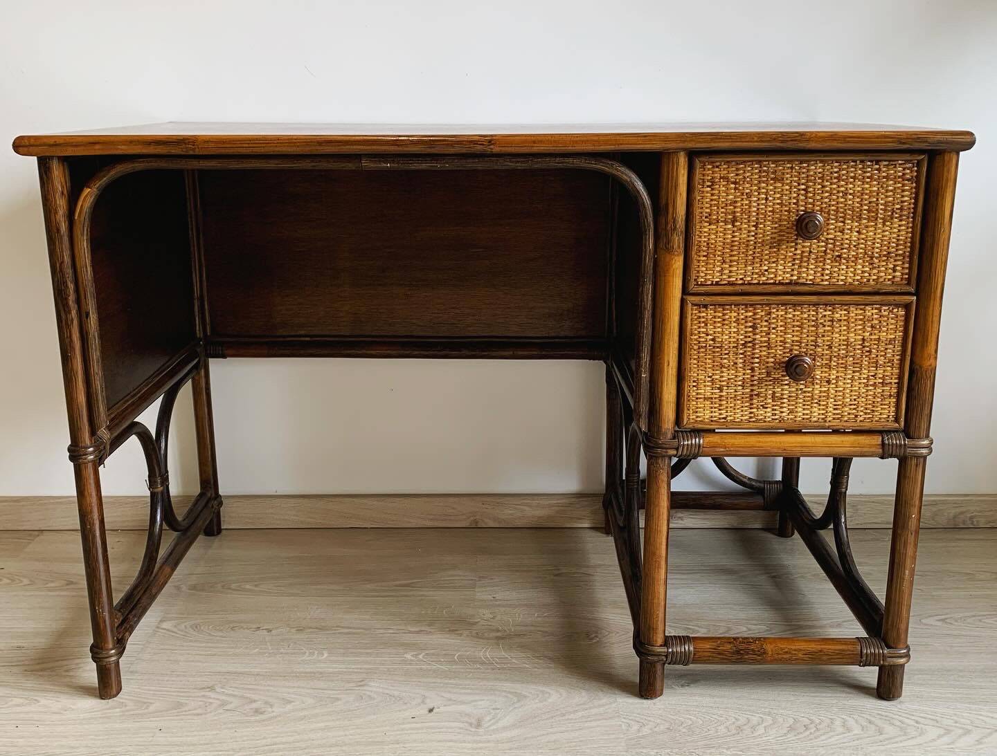 Vintage bamboo and wood rattan desk