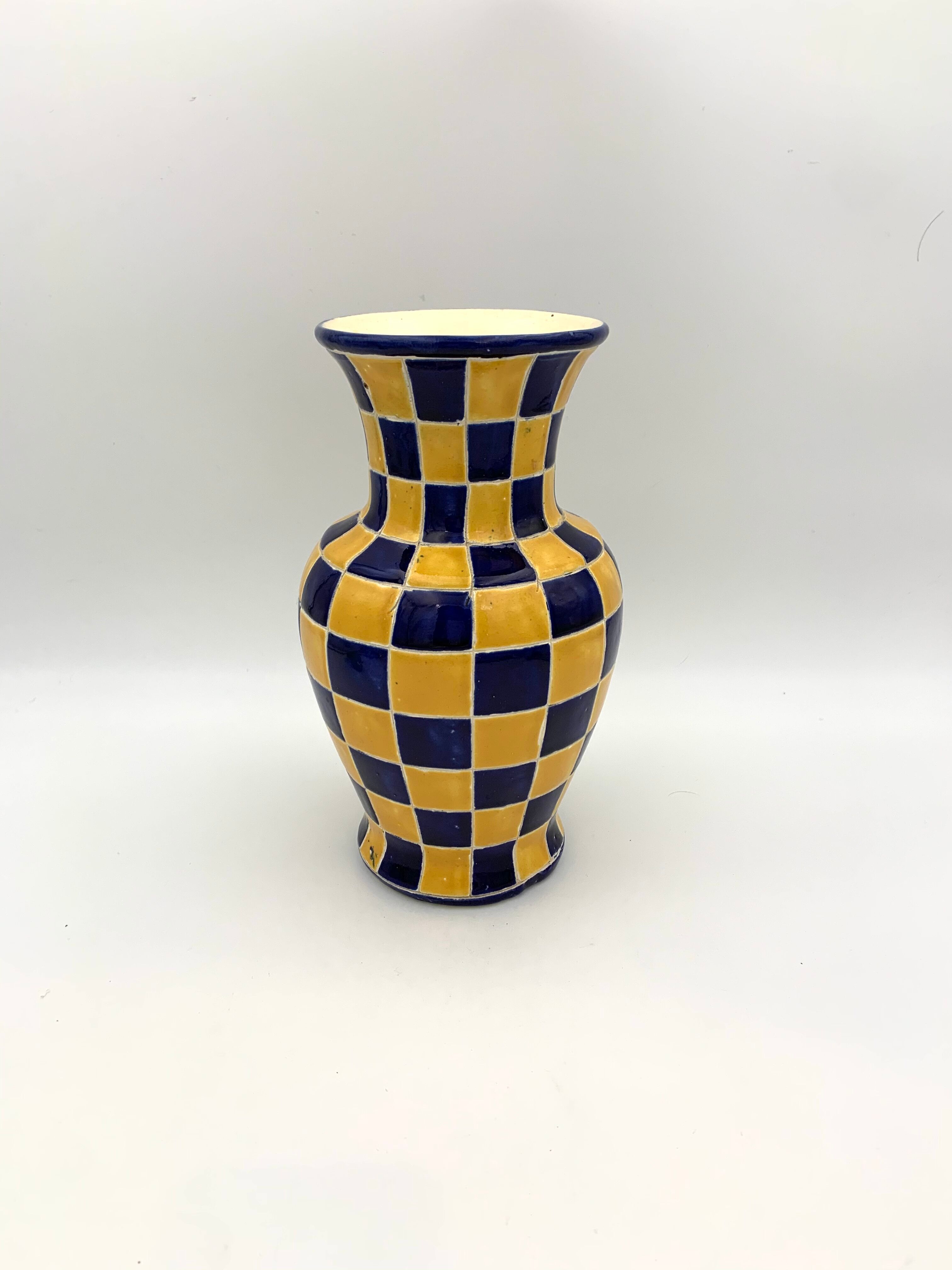 Vintage ceramic vase, blue and yellow checkerboards - 1950s-1960s