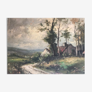 French Oval Oil Painting of a Farmhouse Scene in Northern France Oval Panel Impressionism