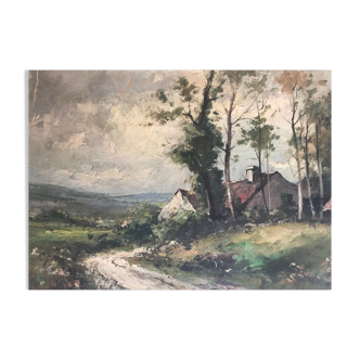 French Oval Oil Painting of a Farmhouse Scene in Northern France Oval Panel Impressionism