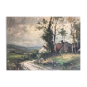 Peinture à l’huile ovale d’une scène de ferme dans le nord de la france, français