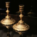 Pair of 19th bronze candlesticks with Regency-style chiseled decoration