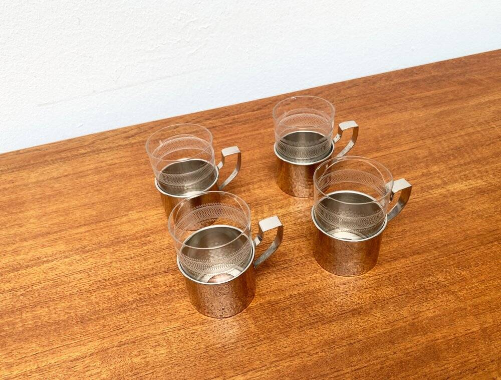 Vintage tea glasses RDA from East Germany by MUQ, Metallwarenfabrik Union Quedlinburg, set of 4.