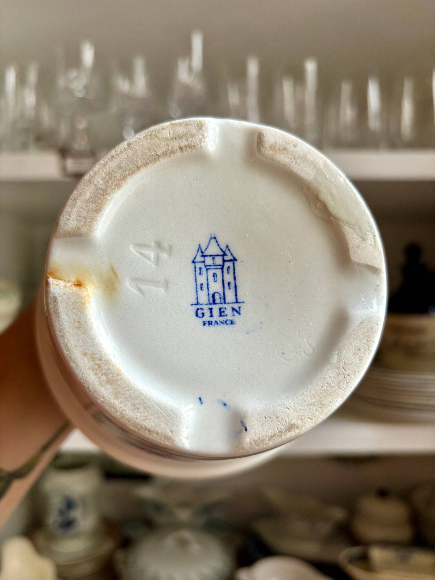 Gien flowerpot in blue and white enamelled earthenware