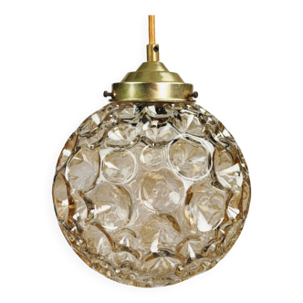 1970s Vintage English Dimpled Amber / Topaz Gold Glass Pendant Lamp