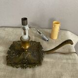 Candle holder with 20th century spelter socket mounted as a flame bulb lamp