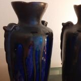 Paire de vases en grés émaillé bleu brillant et glaçure marron. art nouveau.