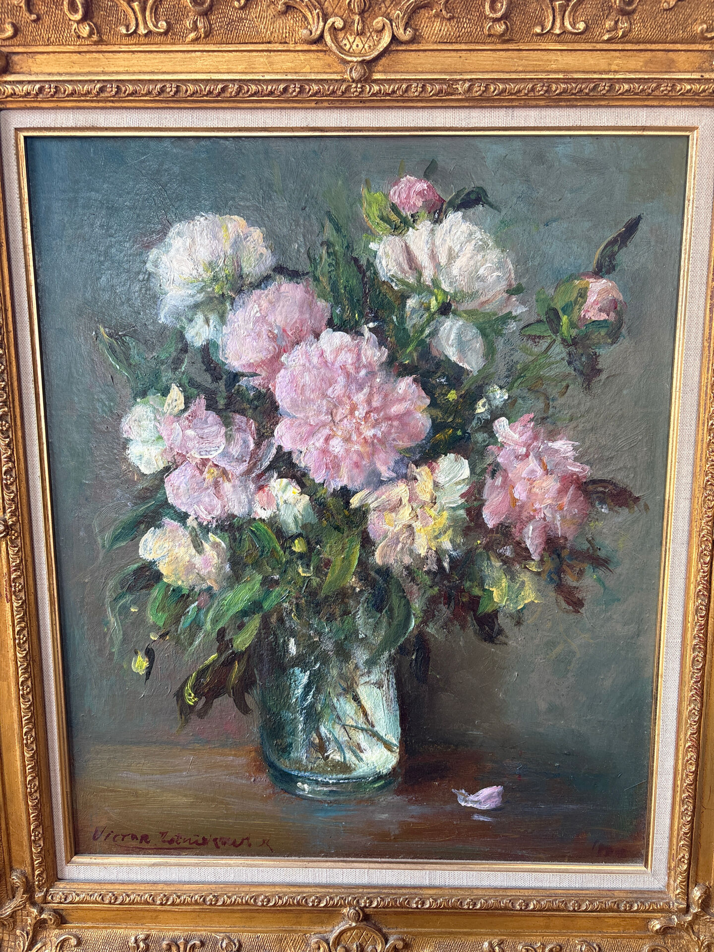 Large painting by Victor Zolnierowicz, peonies, oil on canvas, frame year
