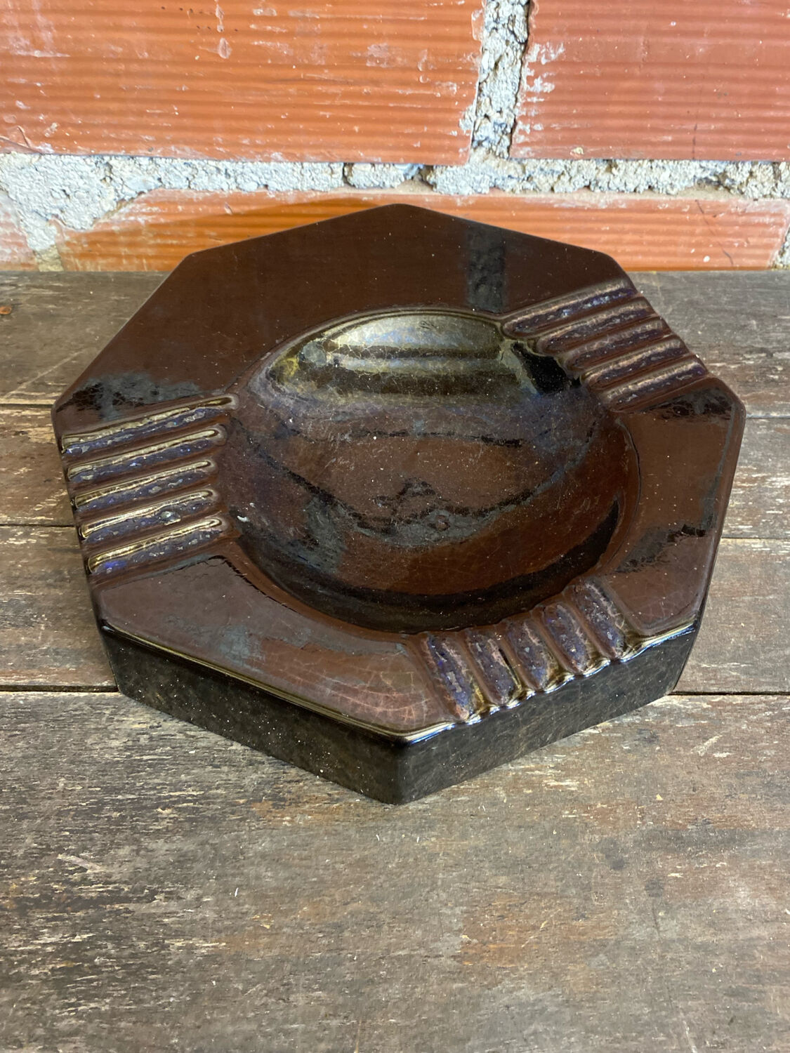 Vintage Black Cracked Ceramic Octagonal Ashtray S. BESSY