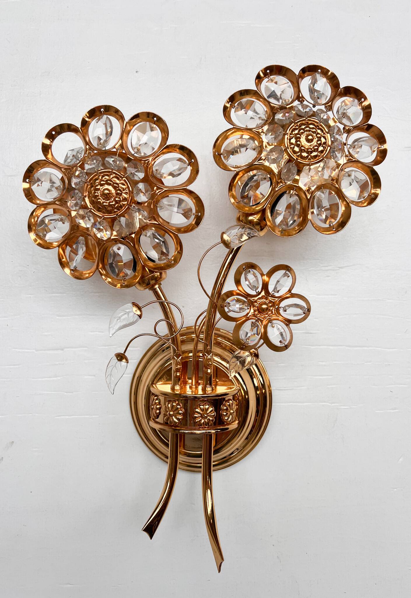 Brass and crystal art deco wall lamp attributed to palwa, 1960s