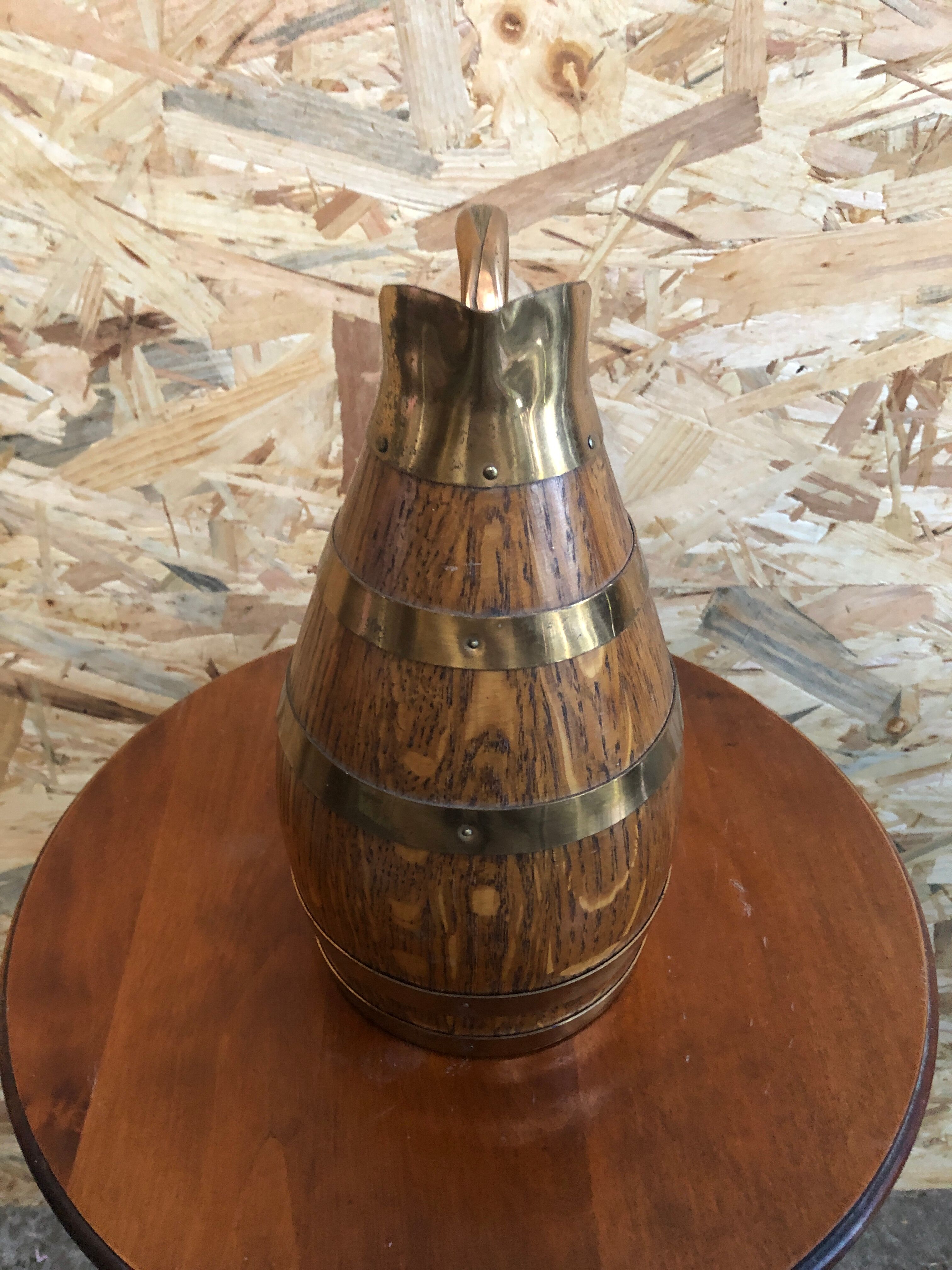 Old pitcher wood + strapping gold metal tableware style xixth vintage