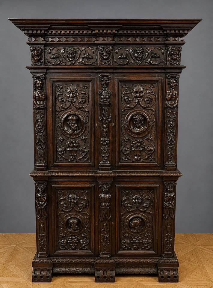 Cabinet d’apparat en bois richement sculpté dans le goût Renaissance