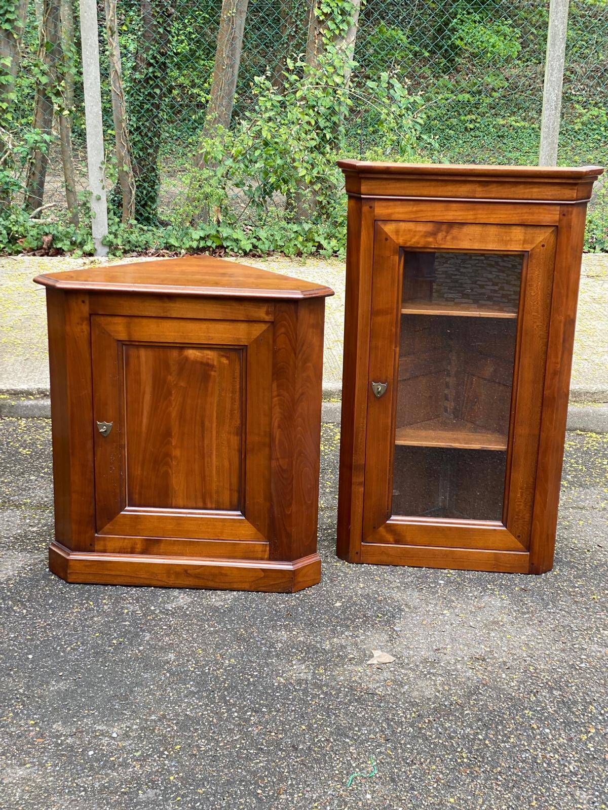 Vitrine d'angle 2 corps encoignure Louis Philippe en bois massif du 19ème