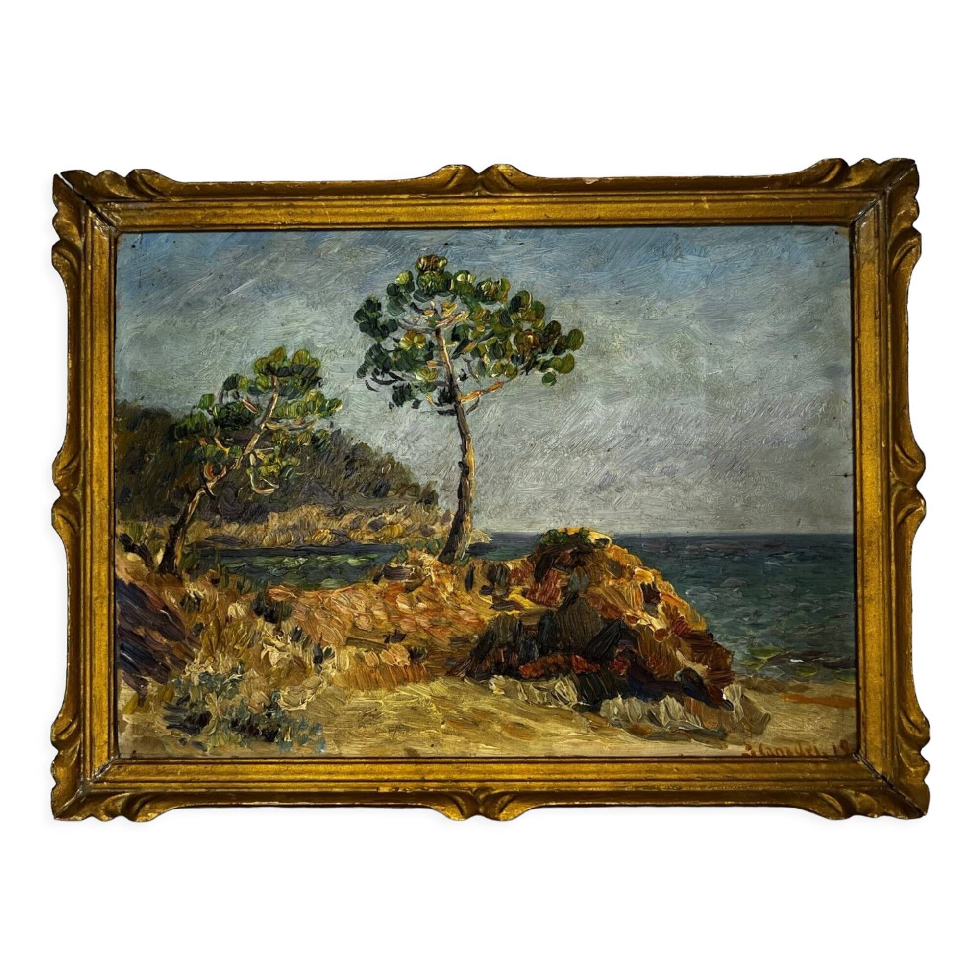 Oil painting on wooden panel, beautiful southern landscape