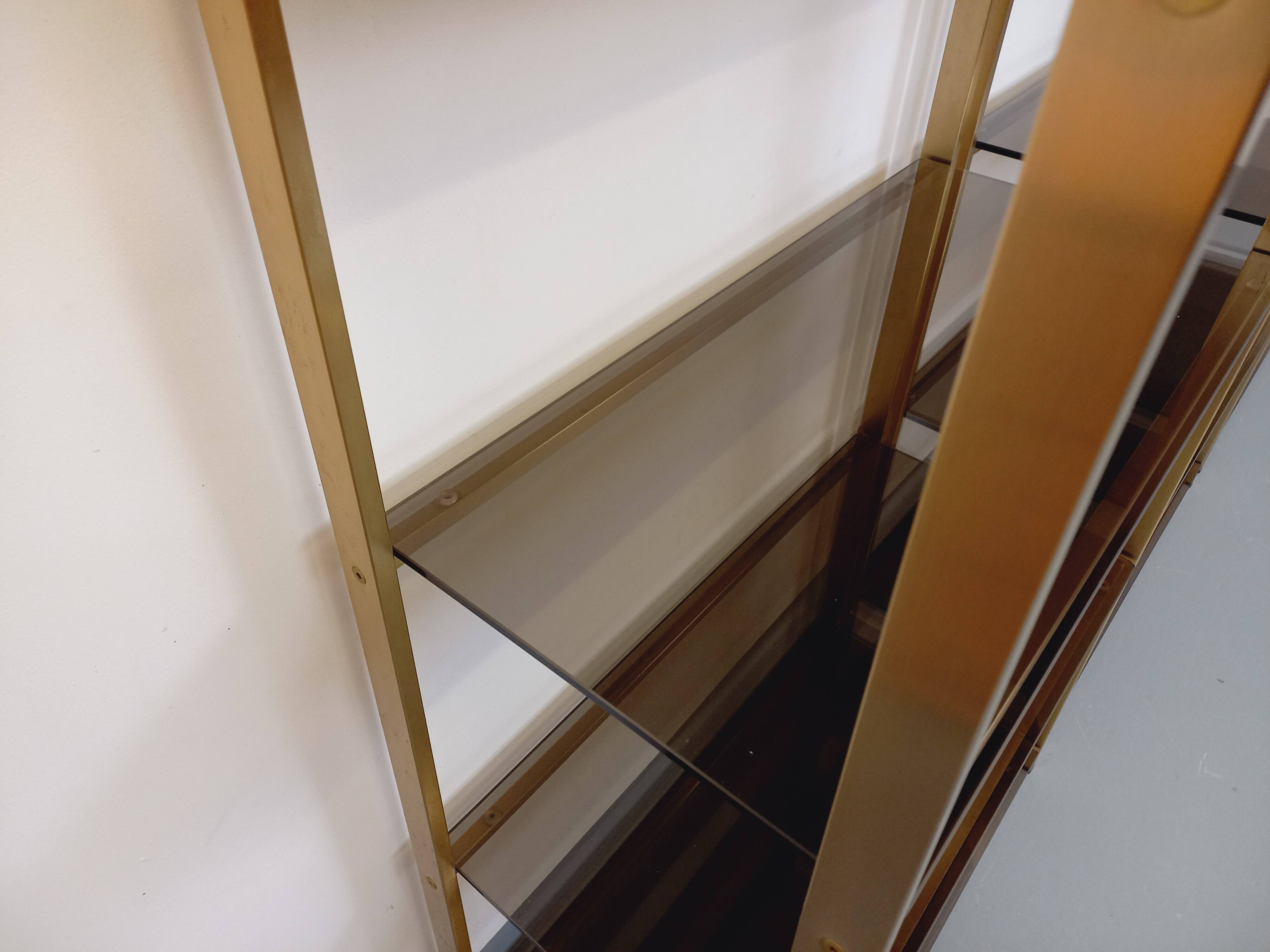 Artelano vintage bookcase shelves in gold metal smoked glass from the 70s