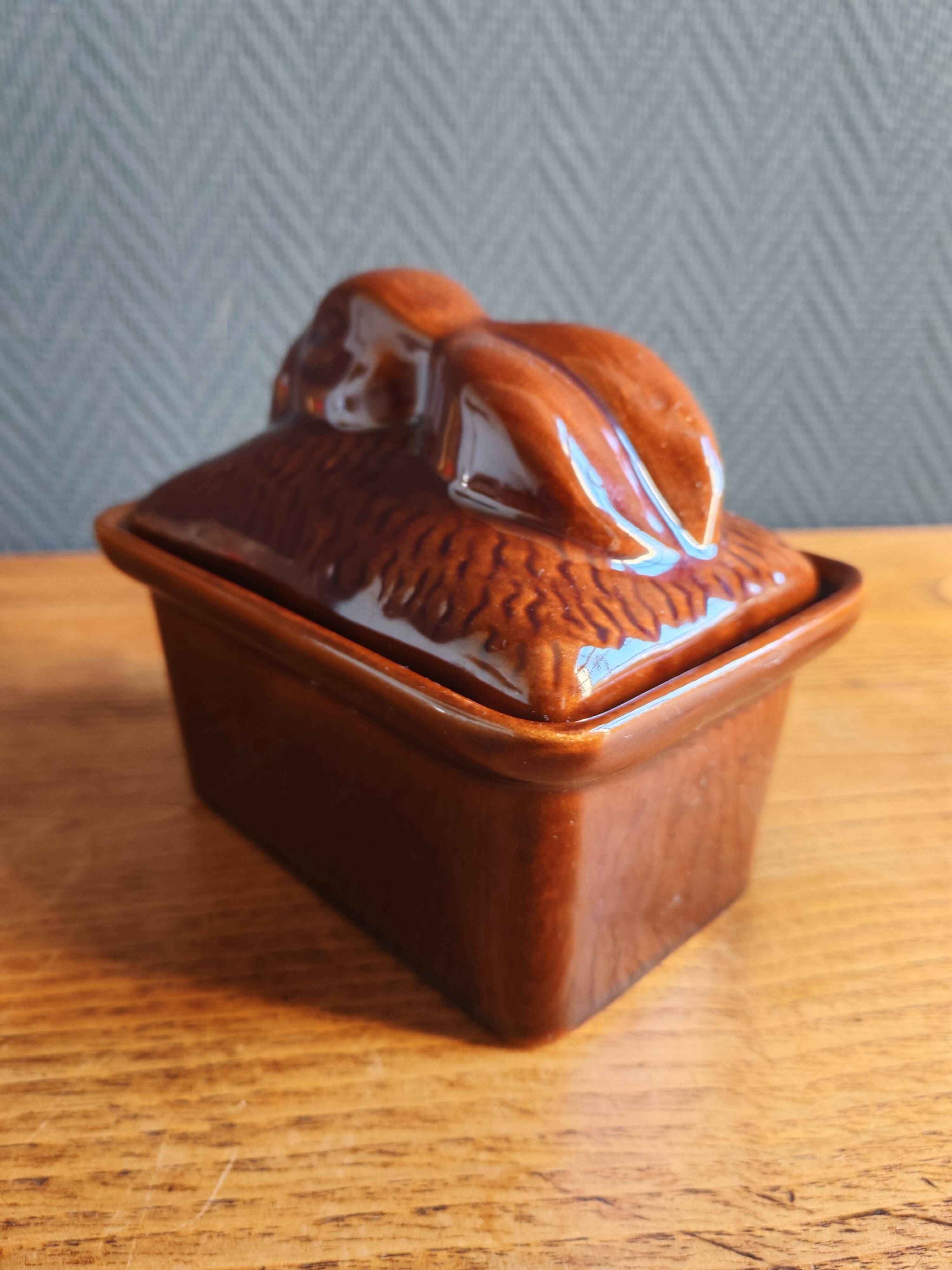 Vintage Rabbit Terrine in Glazed Ceramic - Brown Barbotine