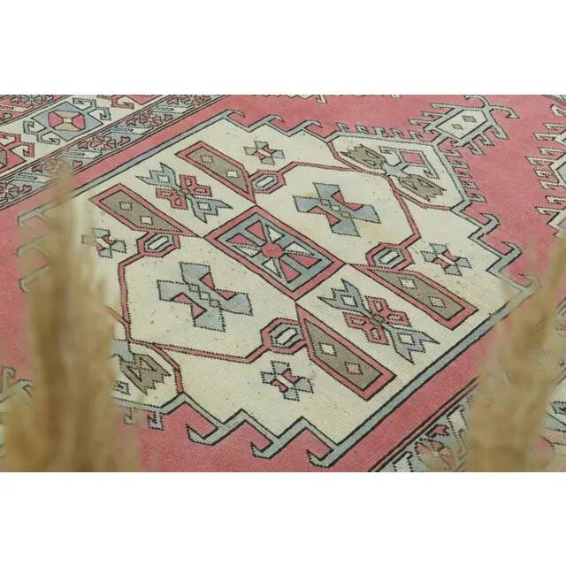 1970s vintage Turkish Oushak handmade wool cotton pink area rug 190x245