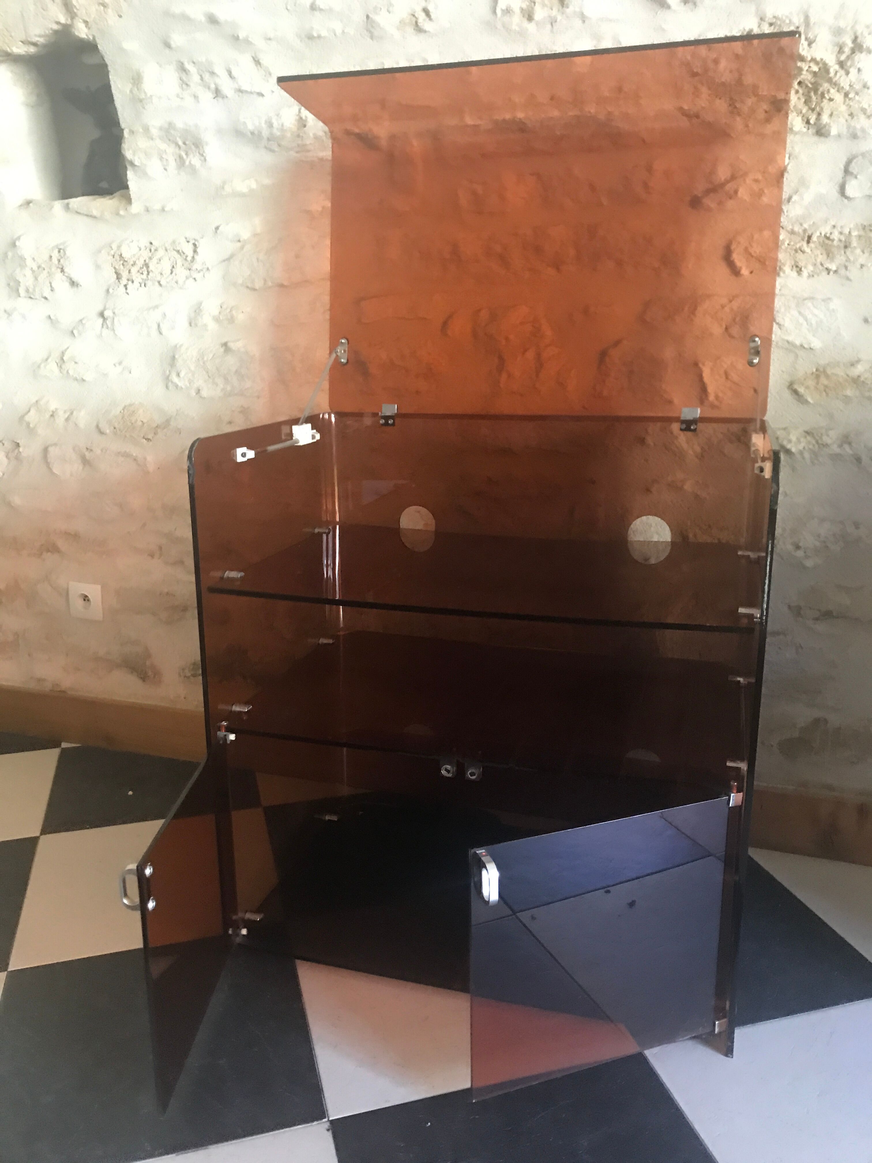 Vintage HI-FI cabinet in smoked plexiglass, Circa 1970