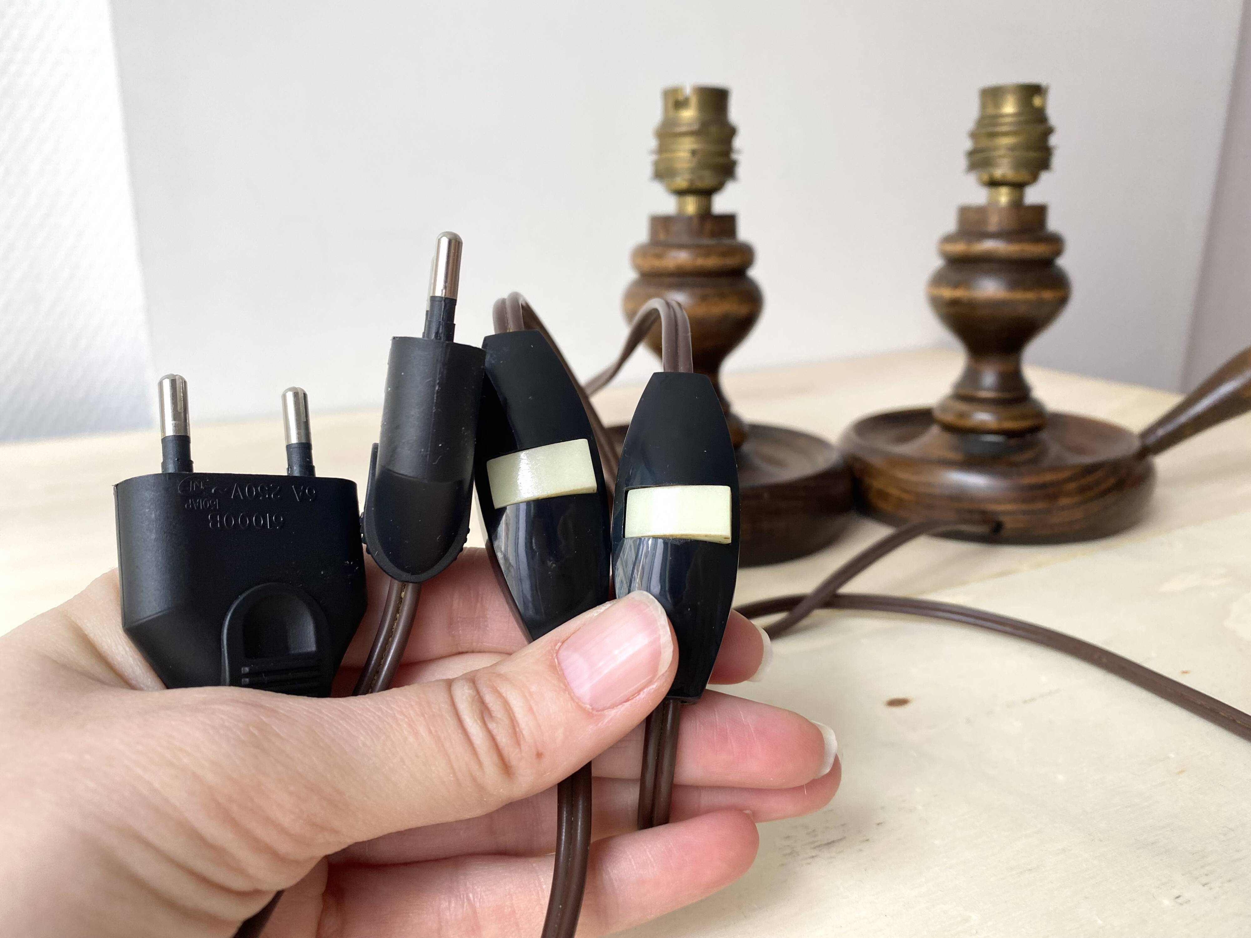 Pair of 50s turned wooden candlestick lamps, vintage lighting fixtures, rustic lamp bases