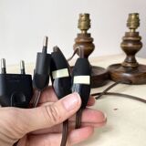 Pair of 50s turned wooden candlestick lamps, vintage lighting fixtures, rustic lamp bases