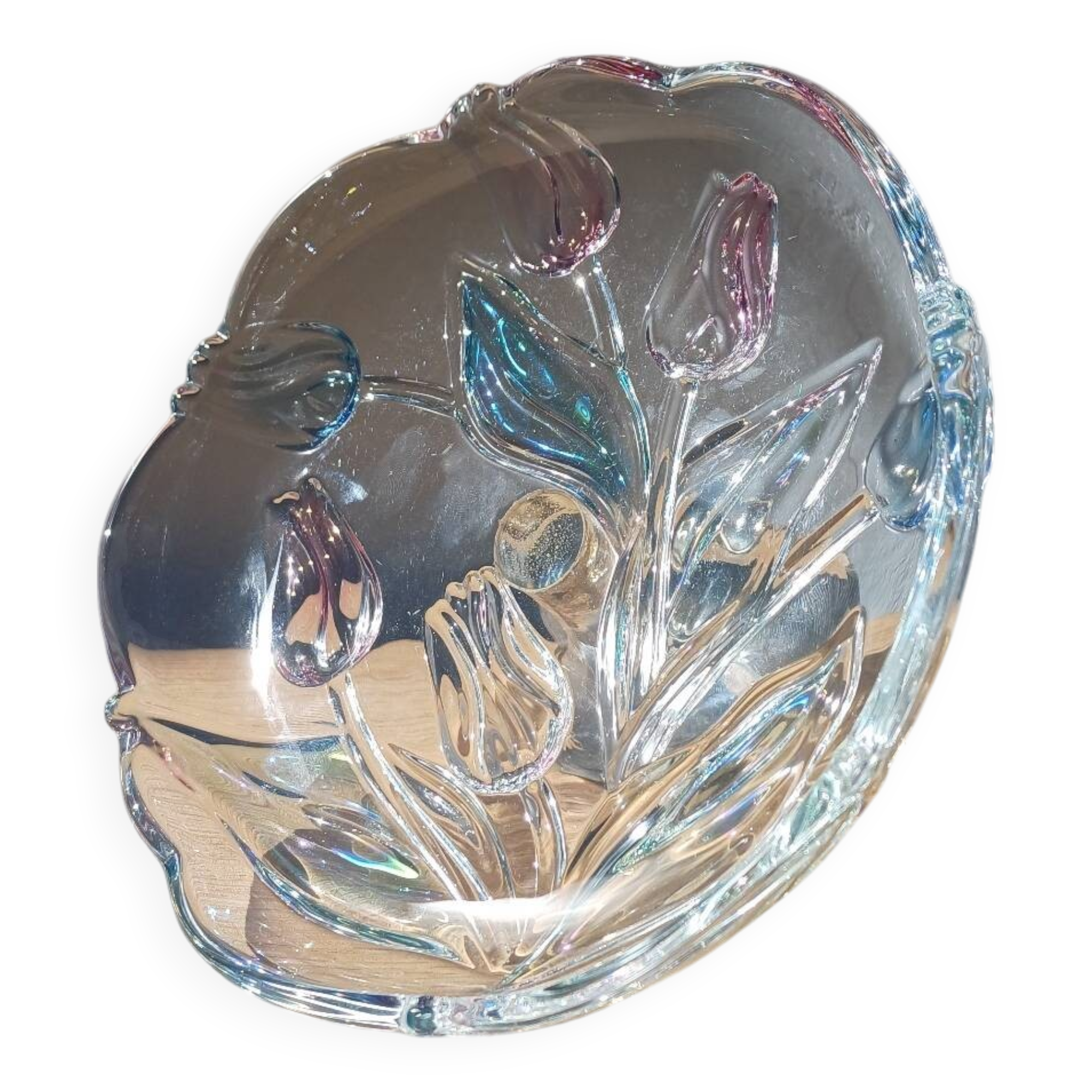 Bol sur pied en verre Mikasa avec tulipes roses et bleues